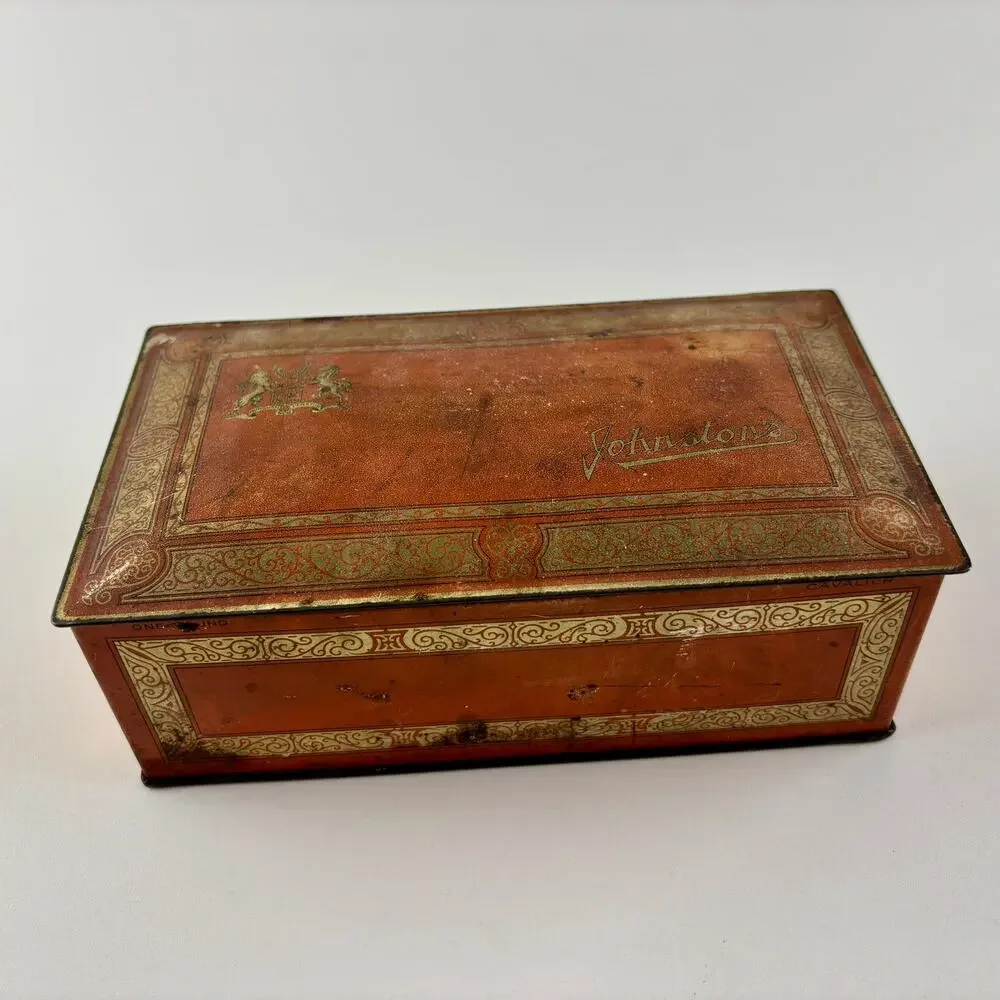 Vintage Johnston’s Candy Tin Decorative Metal Box Red Gold Advertising